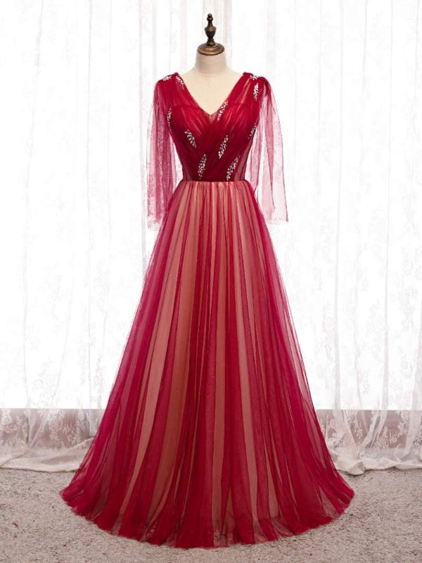 Burgundy Tulle V-neck Pleats Beading Prom Dress