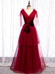 Burgundy Tulle V-neck Pleats Long Prom Dress With Bow