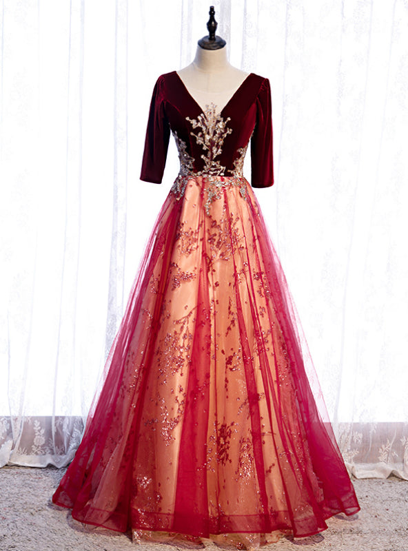 Burgundy Tulle Velvet Sequins V-neck Short Sleeve Prom Dress