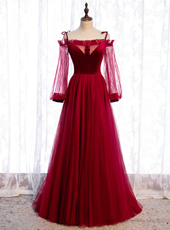 Burgundy Tulle Velvet Spaghetti Straps Long Sleeve Prom Dress