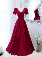 Burgundy V-neck Short Sleeve Pearls Prom Dress