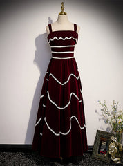 Burgundy Velvet Lace Straps Pearls Prom Dress