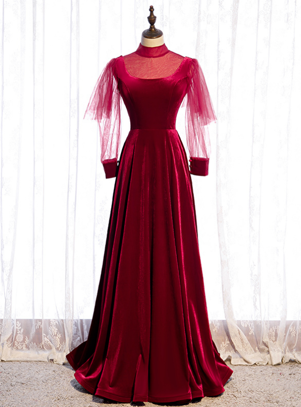 Burgundy Velvet Long Sleeve High Neck Backless Prom Dress