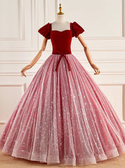 Burgundy Velvet Square Short Sleeve Quinceanera Dress