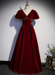 Burgundy Velvet V-neck Puff Sleeve Beading Prom Dress