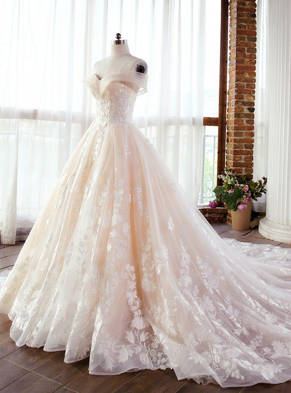 Champagne Ball Gown Off The Shoulder Appliques Wedding Dress