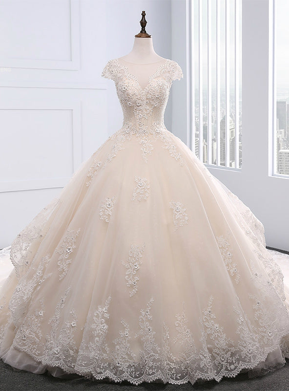 Champagne Ball Gown Tulle Beading Backless Wedding Dress