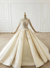 Champagne Ball Gown Tulle High Neck Long Sleeve Beading Wedding Dress