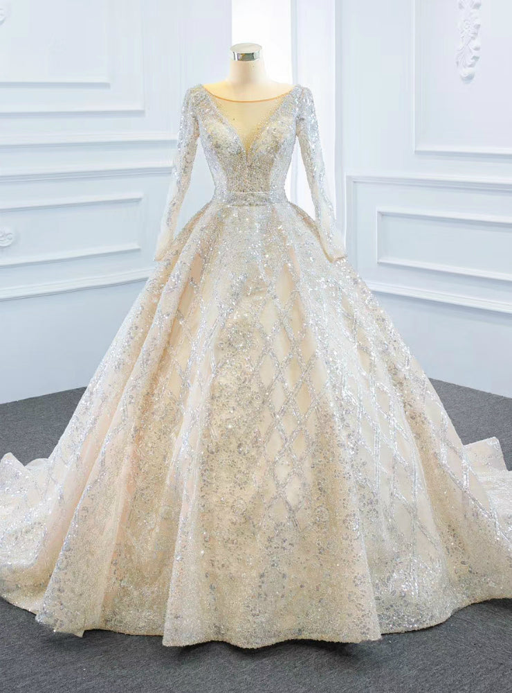 Champagne Ball Gown Tulle Sequins Long Sleeve Wedding Dress