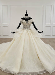 Champagne Ball Gown Tulle Sequins Off the Shoulder Beading Luxury Wedding Dress