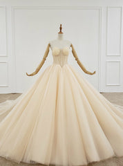 Champagne Ball Gown Tulle Sweetheart Pleats Wedding Dress