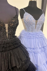 Champagne Beaded Spaghetti Strap Ruffle Tiered Ball Gown