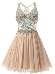 Champagne Chiffon Crystal V-neck Homecoming Dress