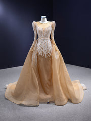 Champagne Gold Long Sleeve Beading Prom Dress