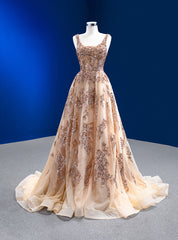 Champagne Gold Tulle Sequins Beading Prom Dress