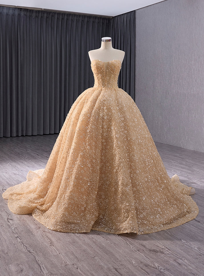 Champagne Gold Tulle Sequins Strapless Prom Dress