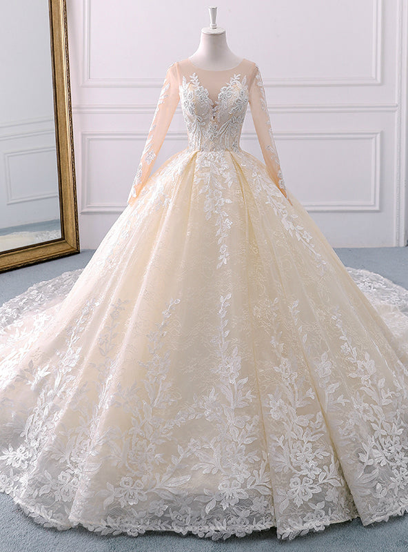 Champagne Tulle Appliques Long Sleeve Beading Wedding Dress