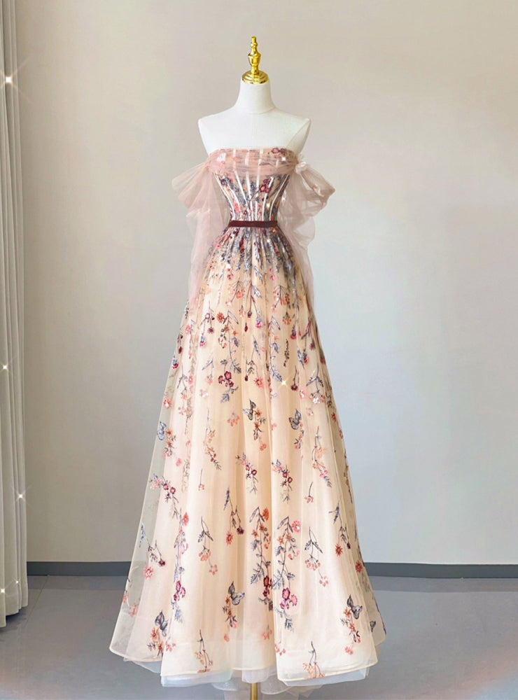 Champagne Tulle Emboidery Flower Prom Dress