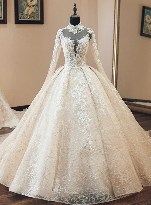 Champagne Tulle Lace Long Sleeve High Neck Backless Wedding Dress With Pearls