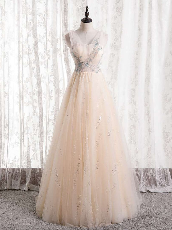 Champagne Tulle Sequins Pleats Beading Prom Dress