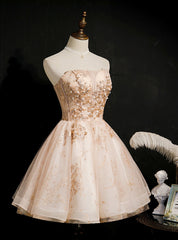 Champagne Tulle Sequins Strapless Homecoming Dress