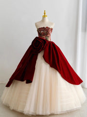 Champagne Tulle Strapless Burgundy Velvet Prom Dress