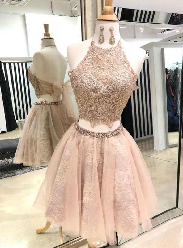 Champagne Two Piece Halter Lace Tulle Homecoming Dress