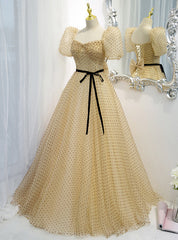 Champagne Wave Point Puff Sleeve Prom Dress