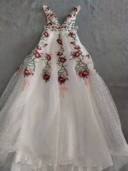 Charming Floral Embroidery Long Prom Dresses V Neck A Line Party Dresses