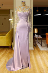 Charming Long Mermaid High Neck Lace Beading Evening Prom Dresses With Long Sleeves