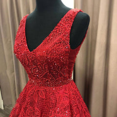 Charming V-neck Sleeveless Prom Party Gowns| Affordable Red Lace Beading Long Prom Gown