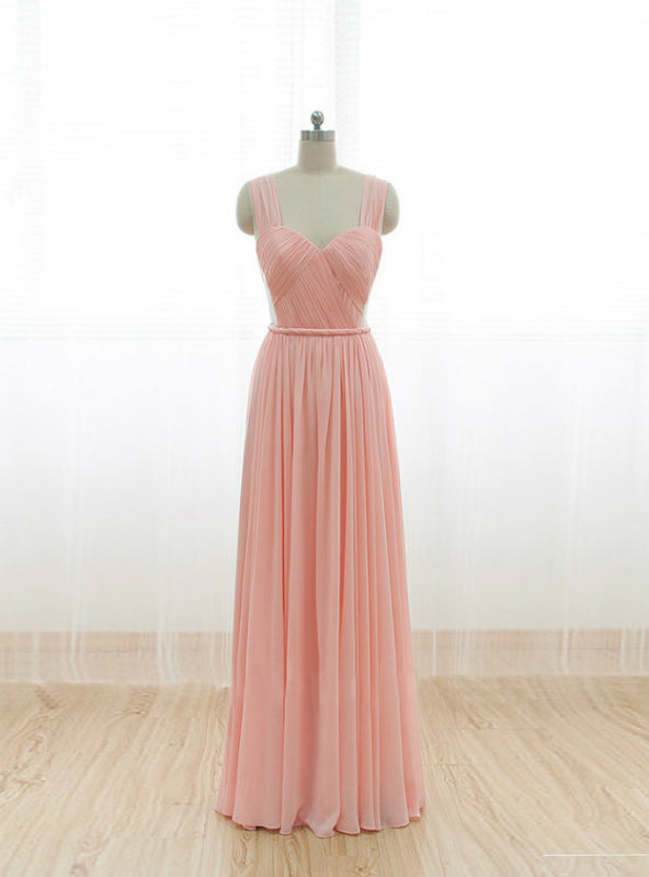 Cheap Pink Straps Chiffon Pleats Backless Bridesmaid Dress