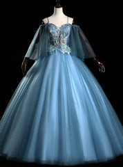 Check Out Entire Collection Blue Ball Gown Spaghetti Straps Appliques Beading Quinceanera Dress