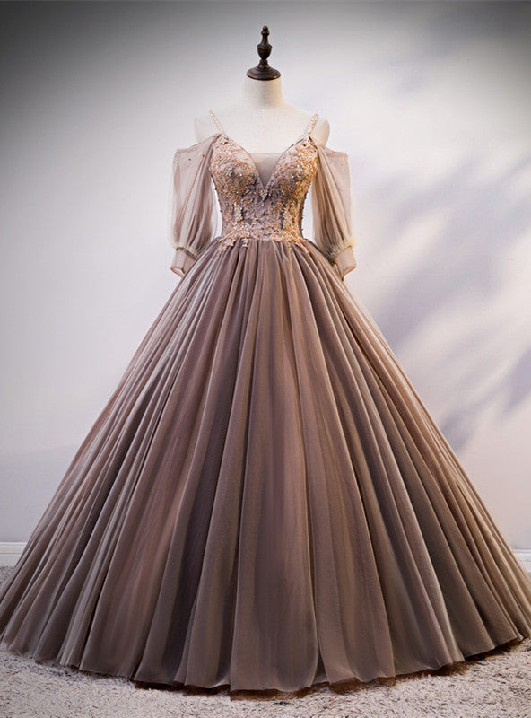 Coffee Tulle Spaghetti Straps Beading Quinceanera Dress