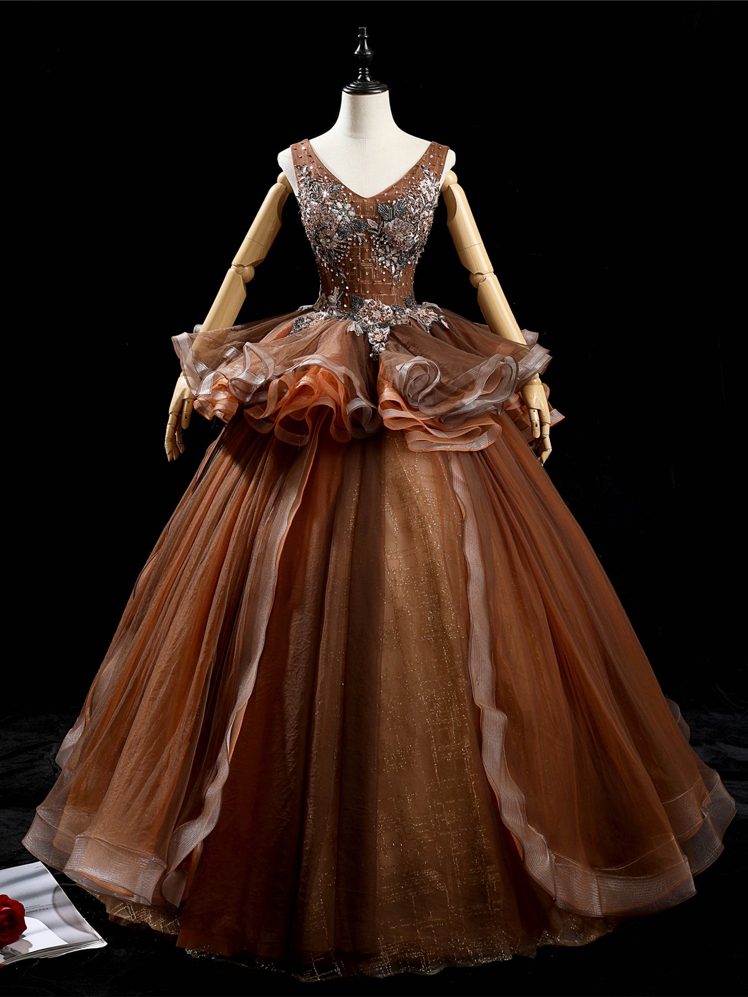 Coffee Tulle V-neck Beading Sequins Quinceanera Dress