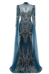 Dark Blue Mermaid Prom Dresses Beading Tulle Women Luxury Evening Dresses High Neck Long Sleeves