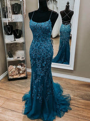 Dark Blue Mermaid Spaghetti Straps Appliques Prom Dress