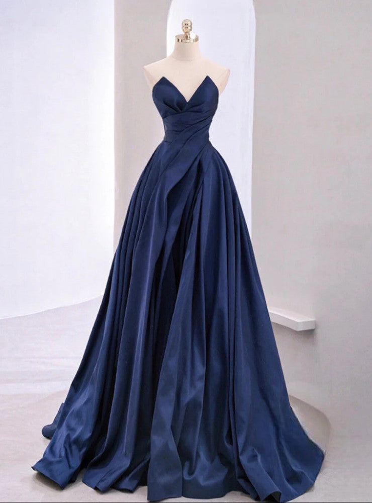 Dark Blue Satin Strapless Prom Dress