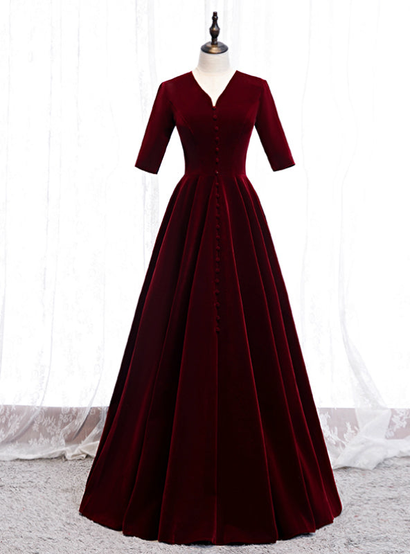 Dark Burgundy Velvet V-neck Short Sleeve Prom Dress