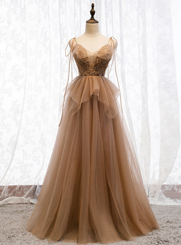 Dark Champagne Tulle Spagehtti Straps Beading Prom Dress