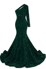 Dark Green Sequins Mermaid Prom Dresses One Shoulder Evening Dresses Floor Length Wedding Party Gowns