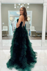 Dark Green Sweetheart Ruffle Tiered Tulle Long Prom Dresses with Slit