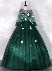 Dark Green Tulle Butterfly Appliques Bell Sleeve Quinceanera Dress