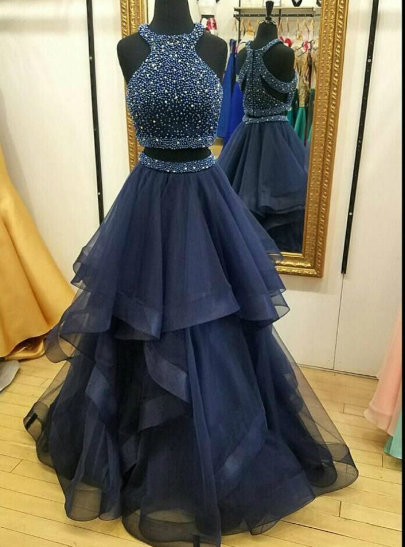 Dark Navy Halter Two Piece High Neck Tulle Beading Prom Dress