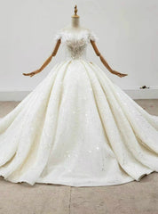 Demand Attention In Luxury Champagne Ball Gown Tulle Beading Sequins Off the Shoulder Wedding Dress