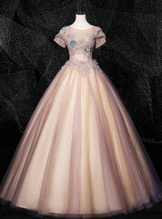 Discover The Latest Pink Ball Gown Tulle Short Sleeve Appliques Pearls Quinceanera Dress