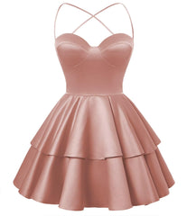 Dusty Rose Satin Homecoming Dress Sweetheart Neck Tiered Short Graduation Dresses