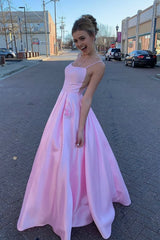 Elegant Straps A-Line Pink Long Prom Dress with Beaded Pockets