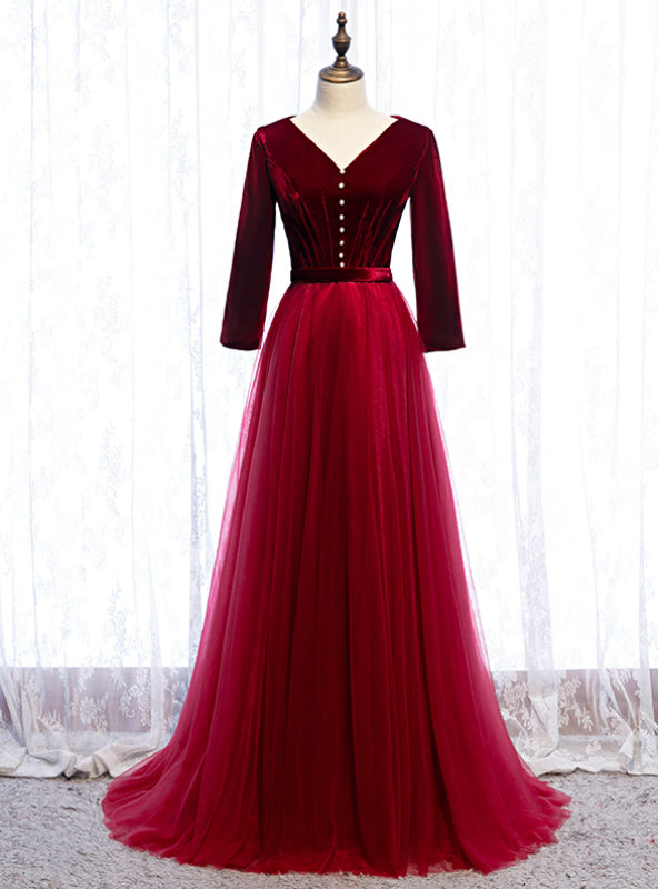 Fabulous Burgundy Tulle Velvet Long Sleeve V-neck Pleats Peom Dress