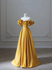 Yellow Saitn Long Prom Dress, Off Shoulder Evening Party Dress